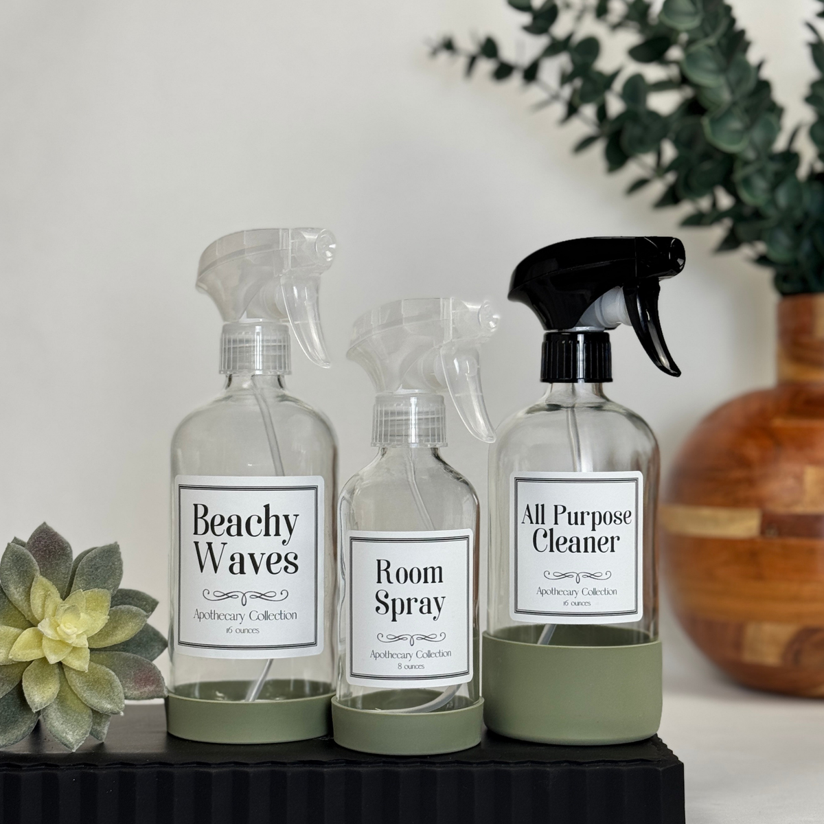Clear Glass Dispenser with Silicone Sleeve - Apothecary Collection Custom Label showing spray top options