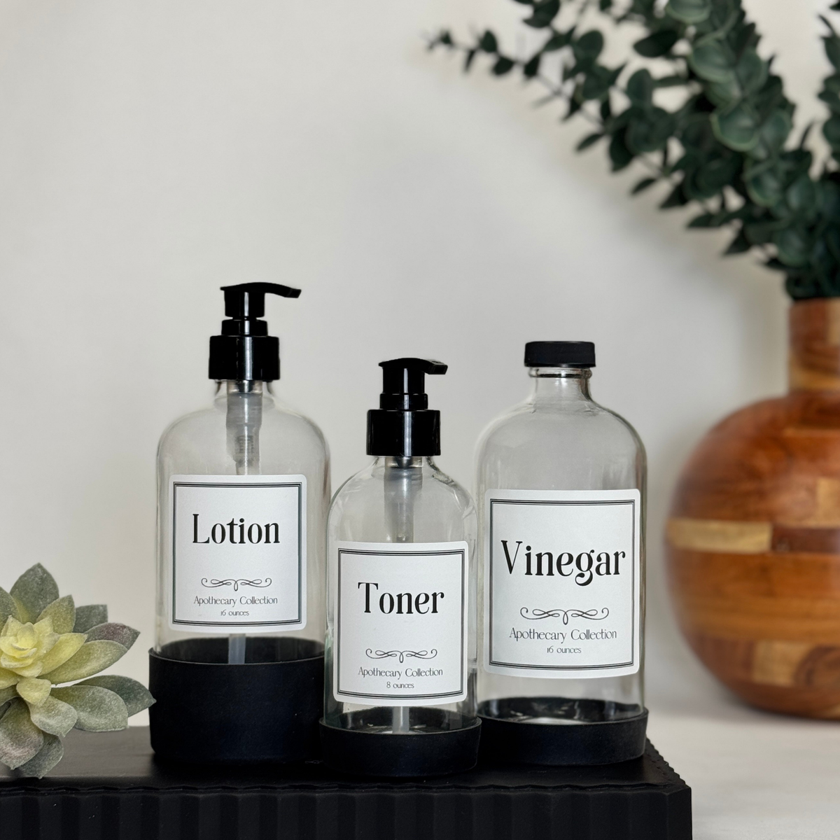 Clear Glass Dispenser with Silicone Sleeve - Apothecary Collection Custom Label showing pump and cap options
