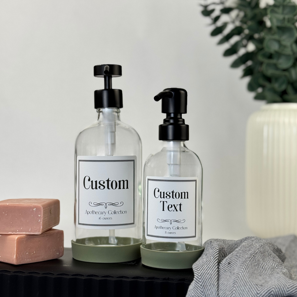 Clear Glass Dispenser with Silicone Sleeve - Apothecary Collection Custom Label showing custom label detail