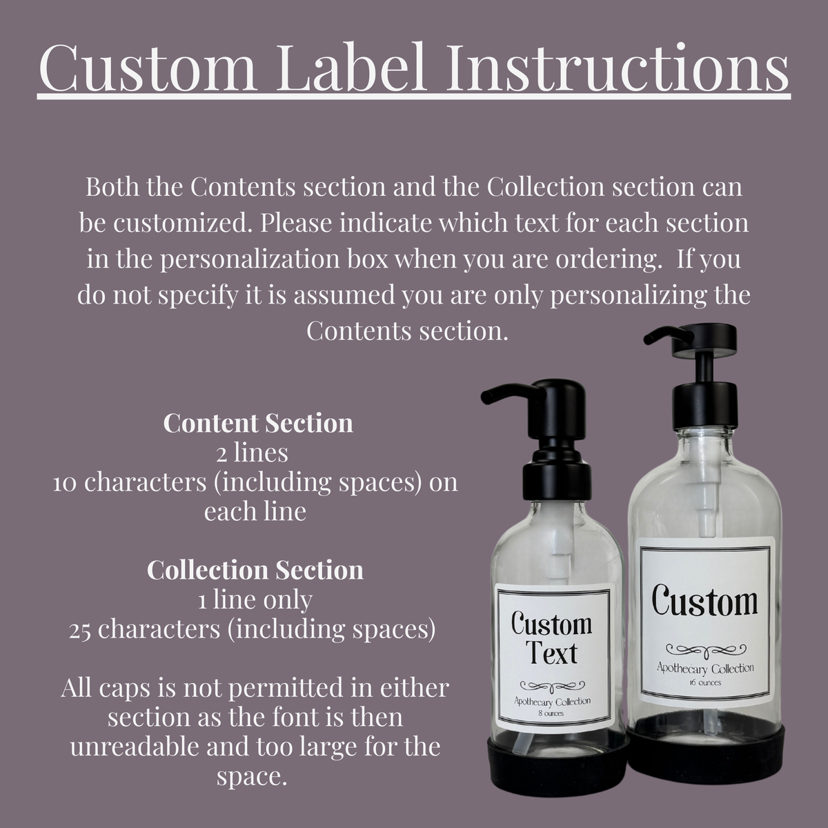 Clear Glass Dispenser with Silicone Sleeve - Apothecary Collection Custom Label showing personalization instructions