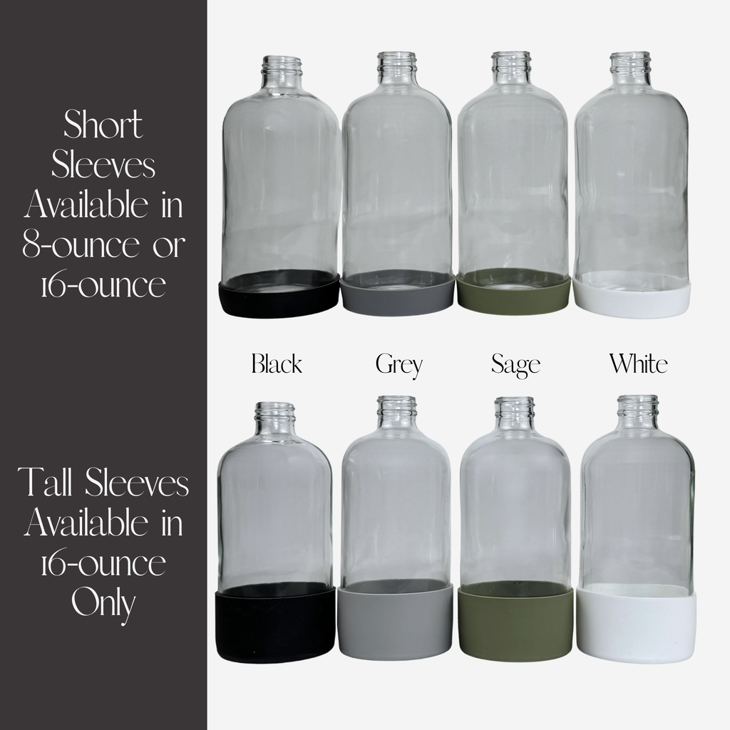 Clear Glass Dispenser with Silicone Sleeve - Signature Collection Custom Label showing silicone sleeve color options