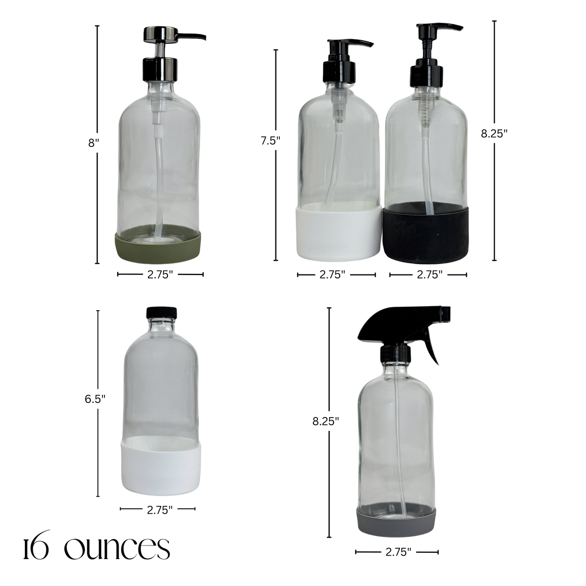 Clear Glass Dispenser with Silicone Sleeve - Signature Collection Custom Label showing 716 oz product dimensions