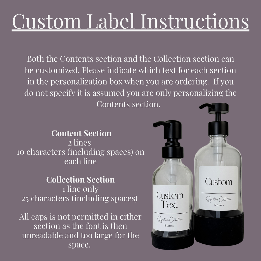 Clear Glass Dispenser with Silicone Sleeve - Signature Collection Custom Label showing personalization instructions