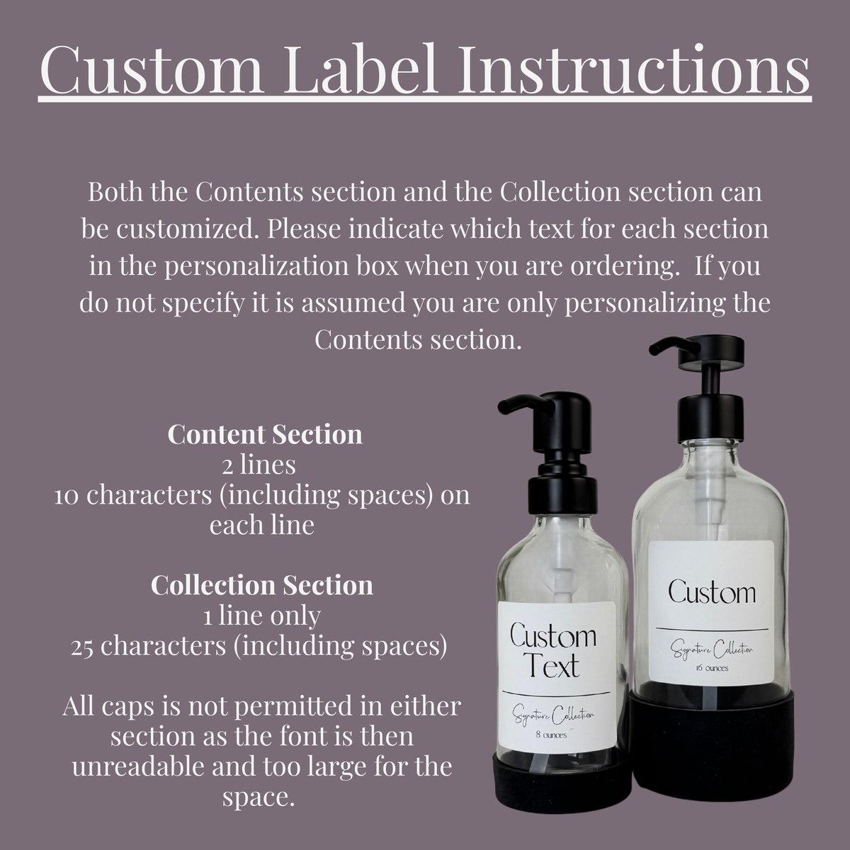Clear Glass Dispenser with Silicone Sleeve - Signature Collection Custom Label showing personalization instructions