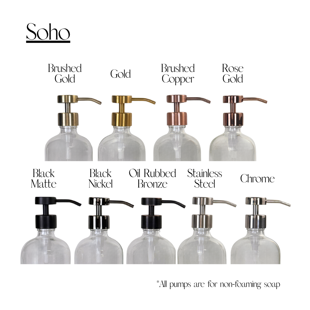 Clear Glass Dispenser with Silicone Sleeve - Signature Collection Custom Label showing Soho pump finish options