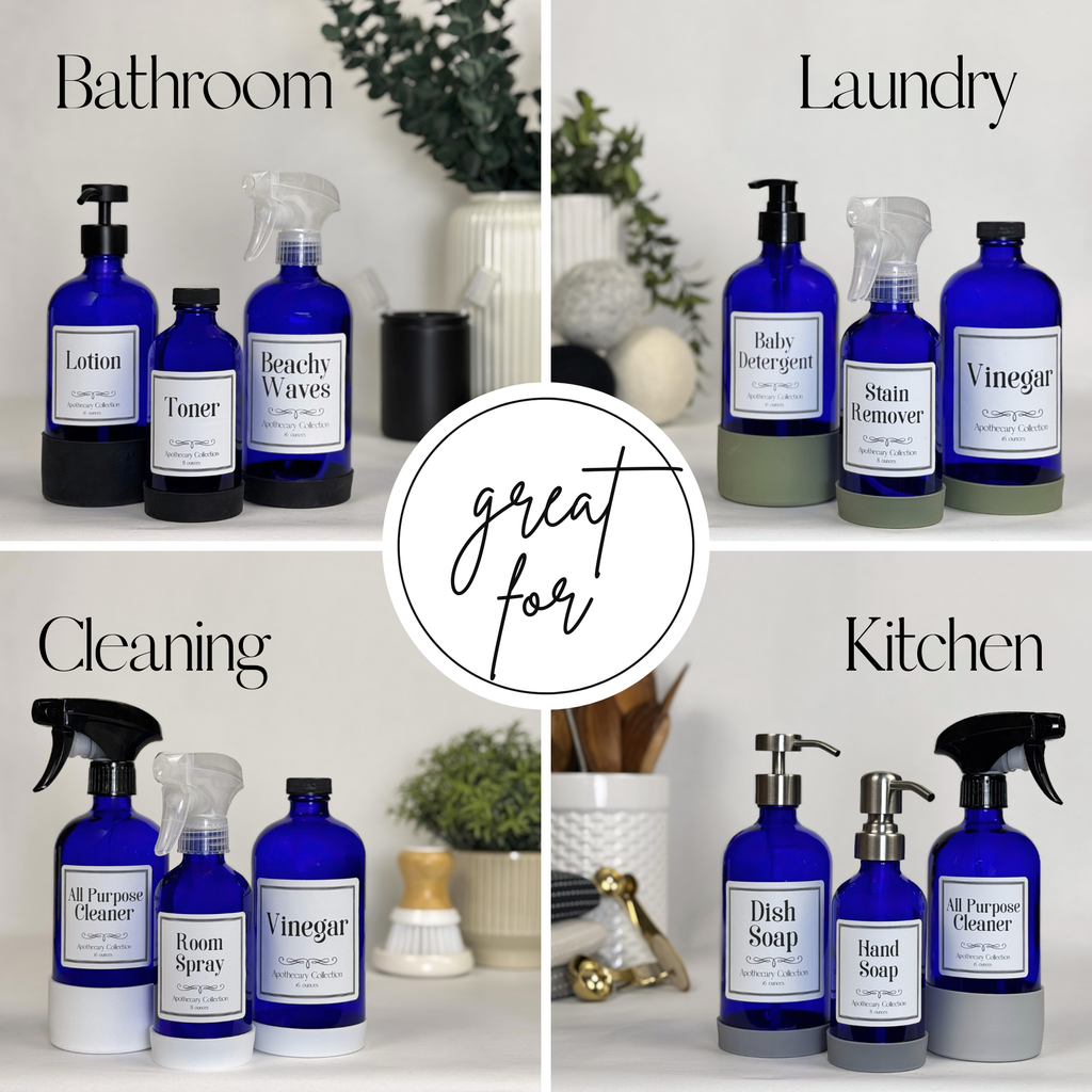 Cobalt blue glass dispenser with silicone sleeve shown for multiple personal care and household uses with Apothecary label