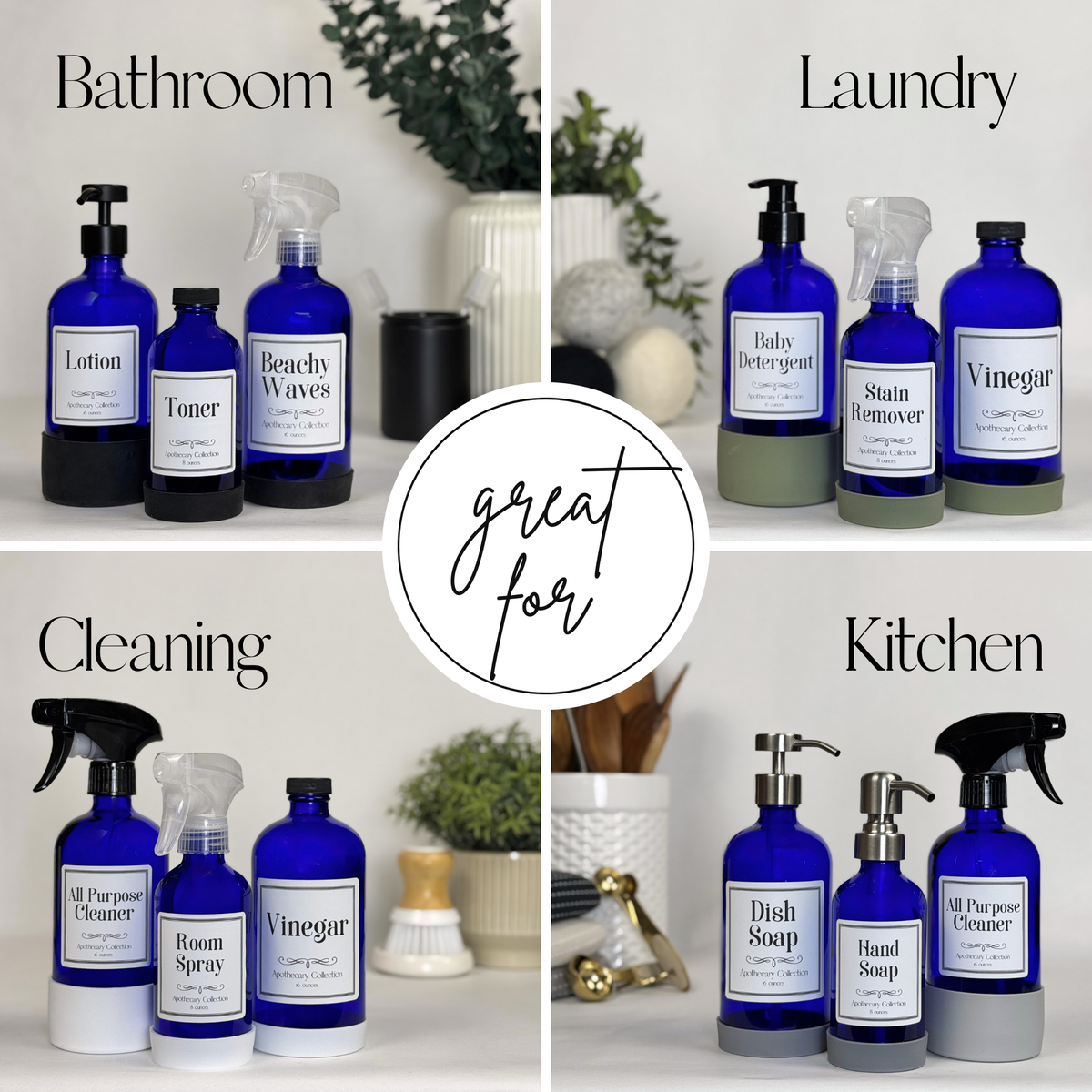 Cobalt blue glass dispenser with silicone sleeve shown for multiple personal care and household uses with Apothecary label