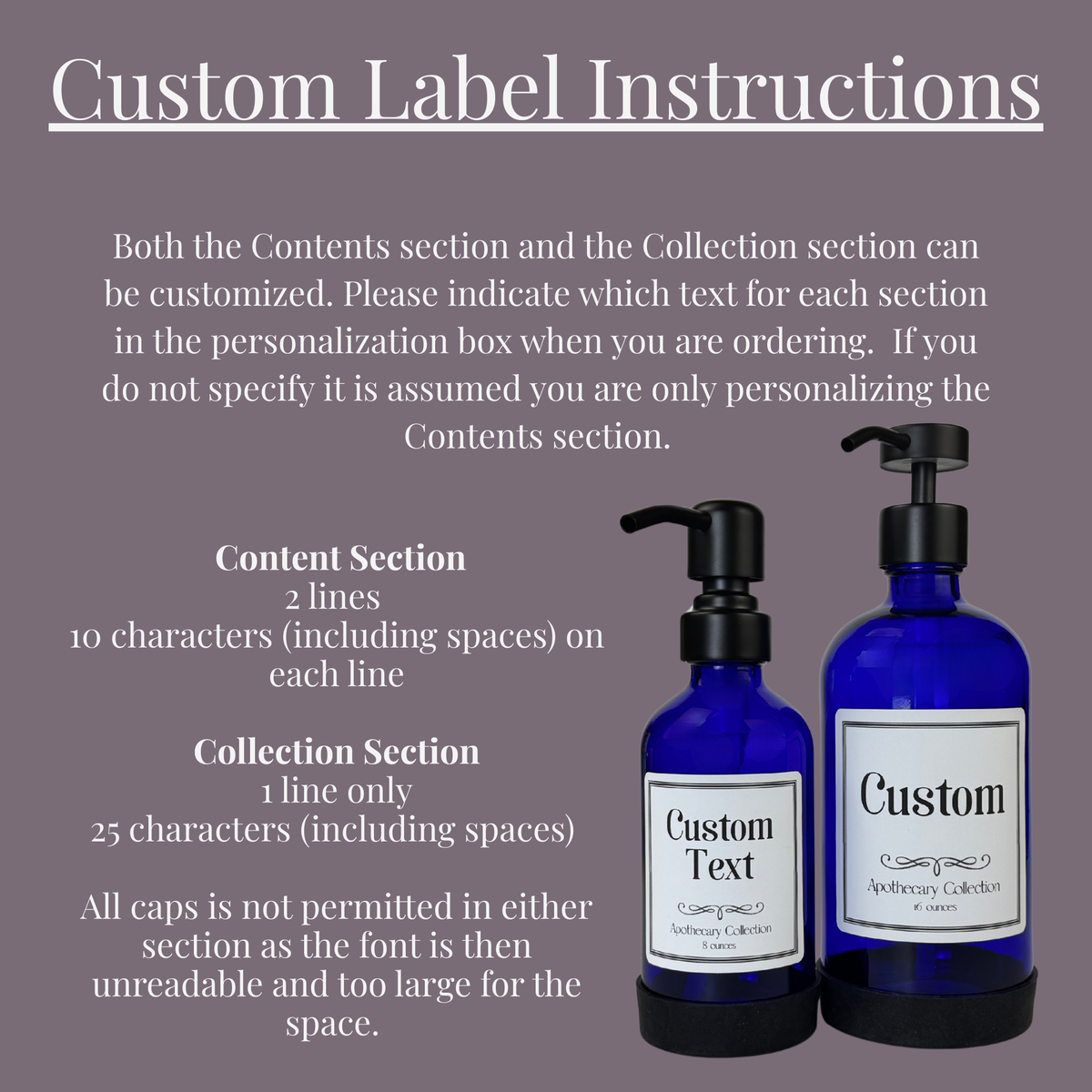Guide for personalizing the Apothecary label on a cobalt blue glass dispenser