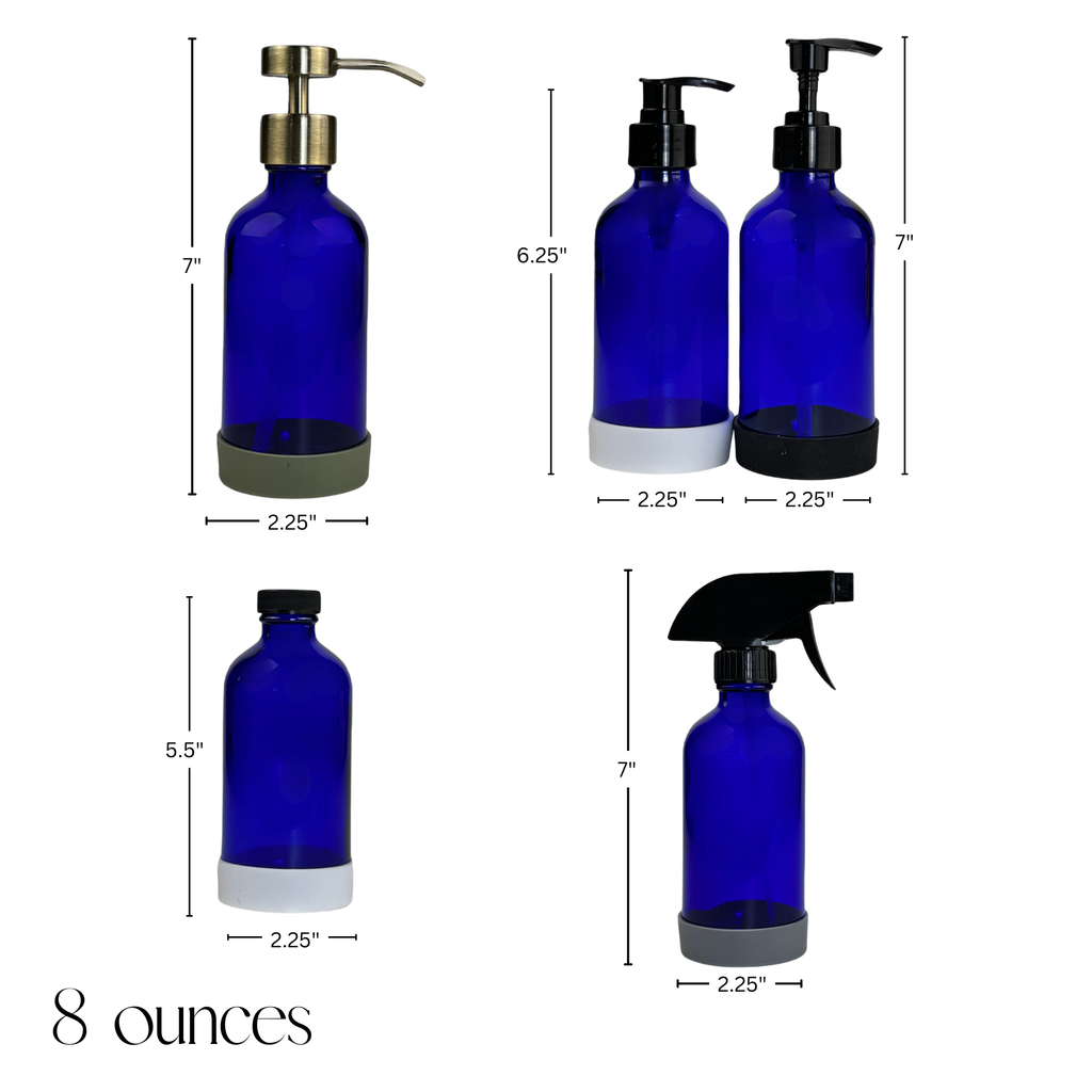 8 oz cobalt blue glass dispenser with silicone sleeve and product dimensions