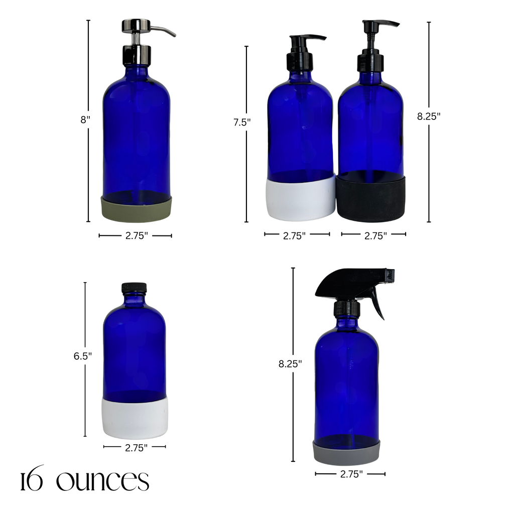 16 oz cobalt blue glass dispenser with silicone sleeve and product dimensions