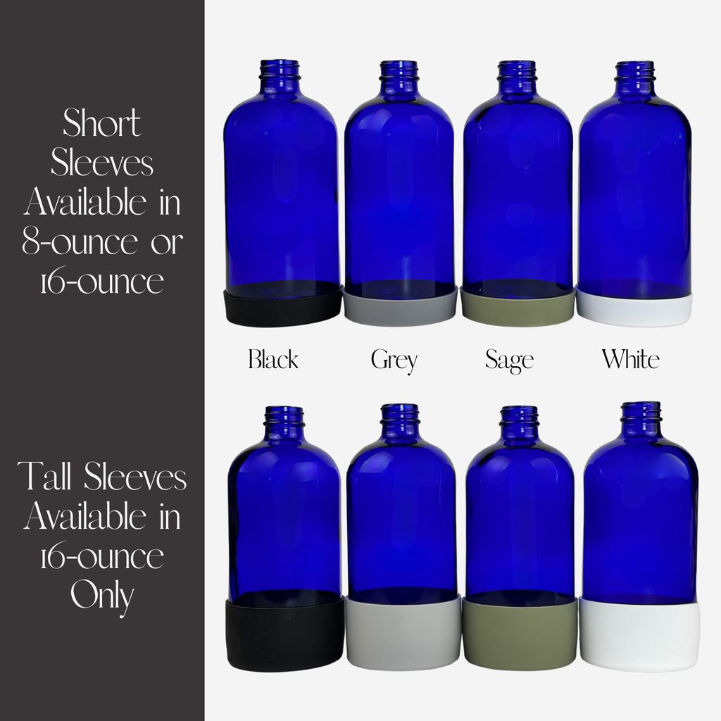 Cobalt blue glass dispenser shown with available silicone sleeve color options