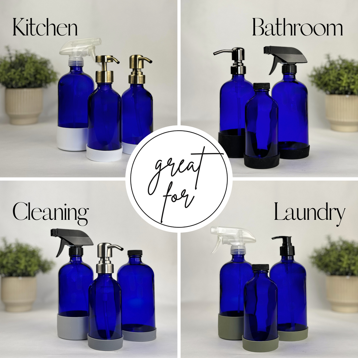 Cobalt blue glass dispenser with silicone sleeve shown for multiple personal care and household uses