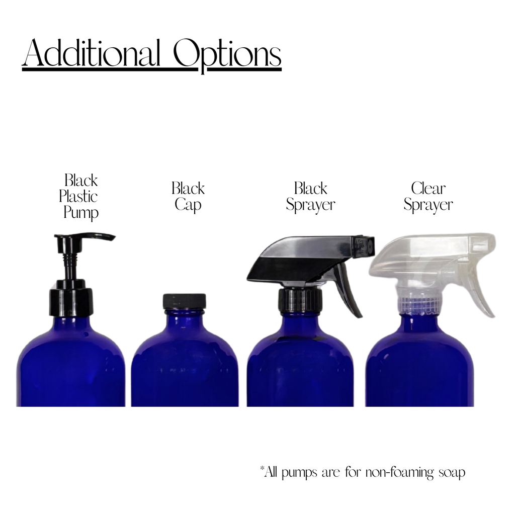 Cobalt blue glass dispenser with silicone sleeve showing additional pump, sprayer and cap options