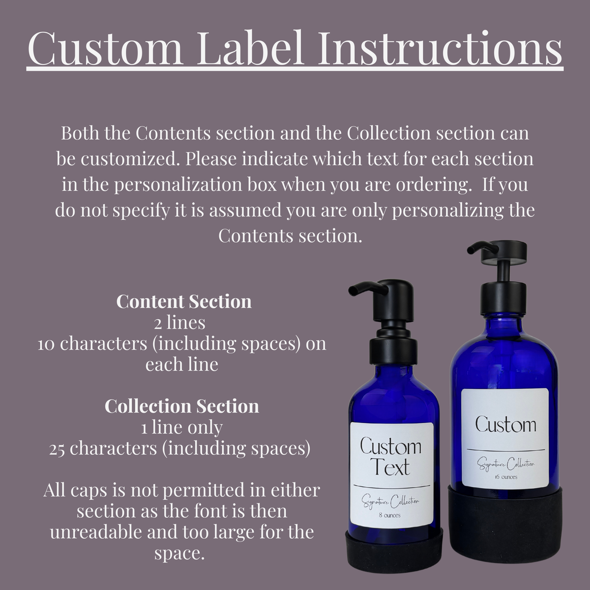 Guide for personalizing the Signature label on a cobalt blue glass dispenser