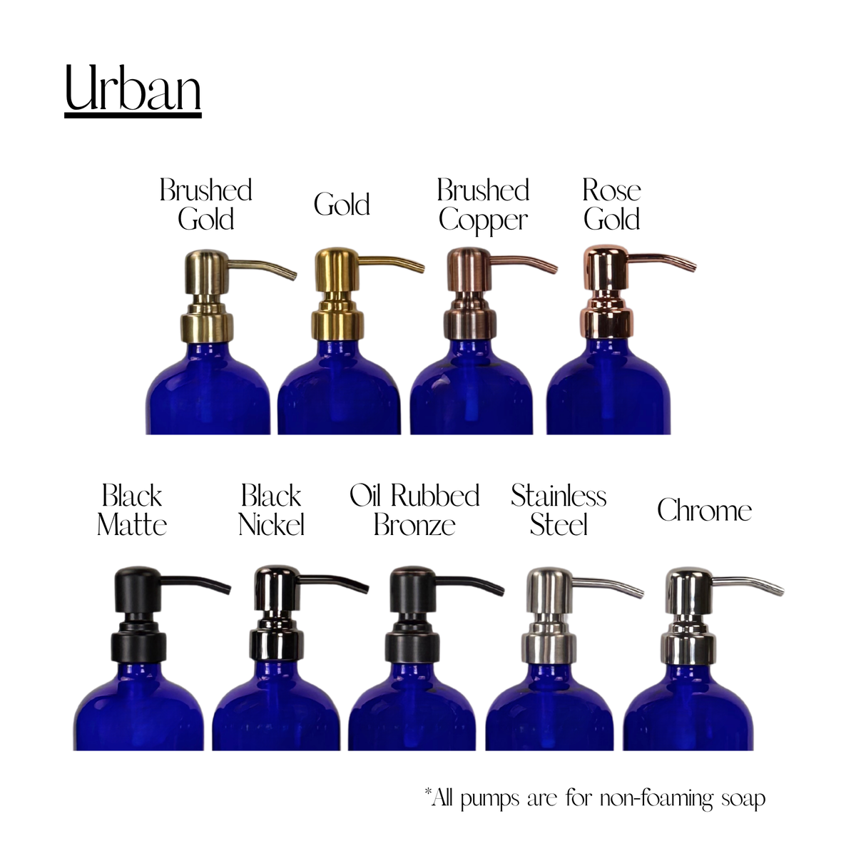 Cobalt blue glass dispenser with silicone sleeve showing Urban pump finish options
