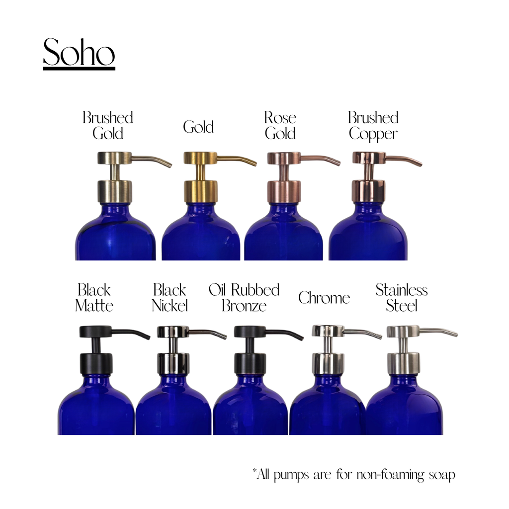 Cobalt blue glass dispenser with silicone sleeve showing Soho pump finish options