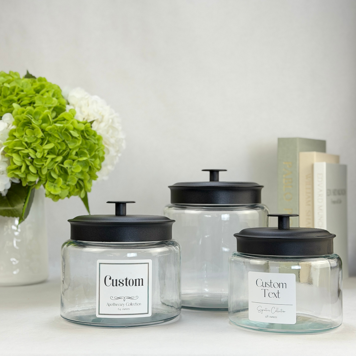 Montana Glass Storage Jar with Black Metal Lid - Custom Label showing black lid detail