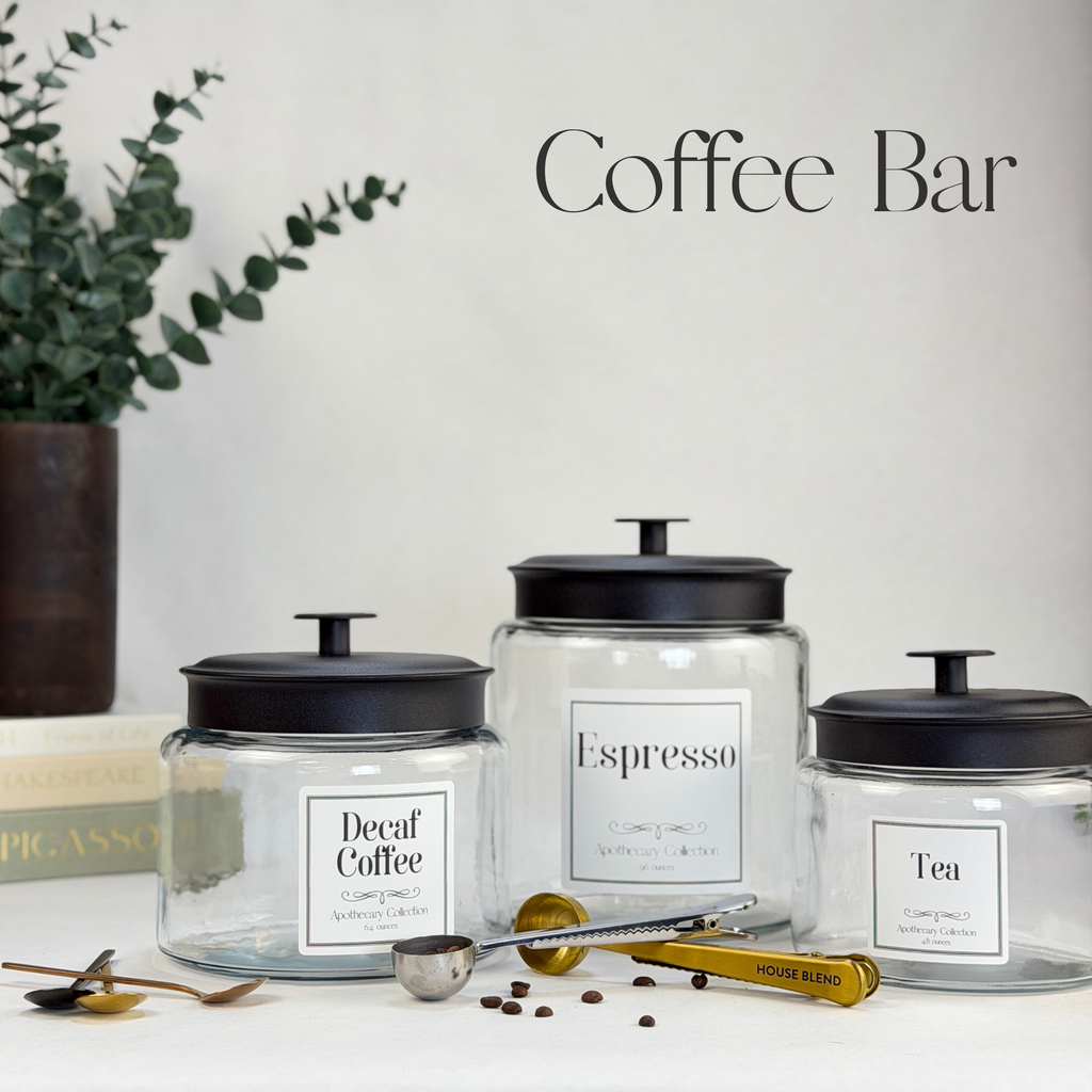 Montana Glass Storage Jar with Black Metal Lid - Custom Label showing styled coffee bar view