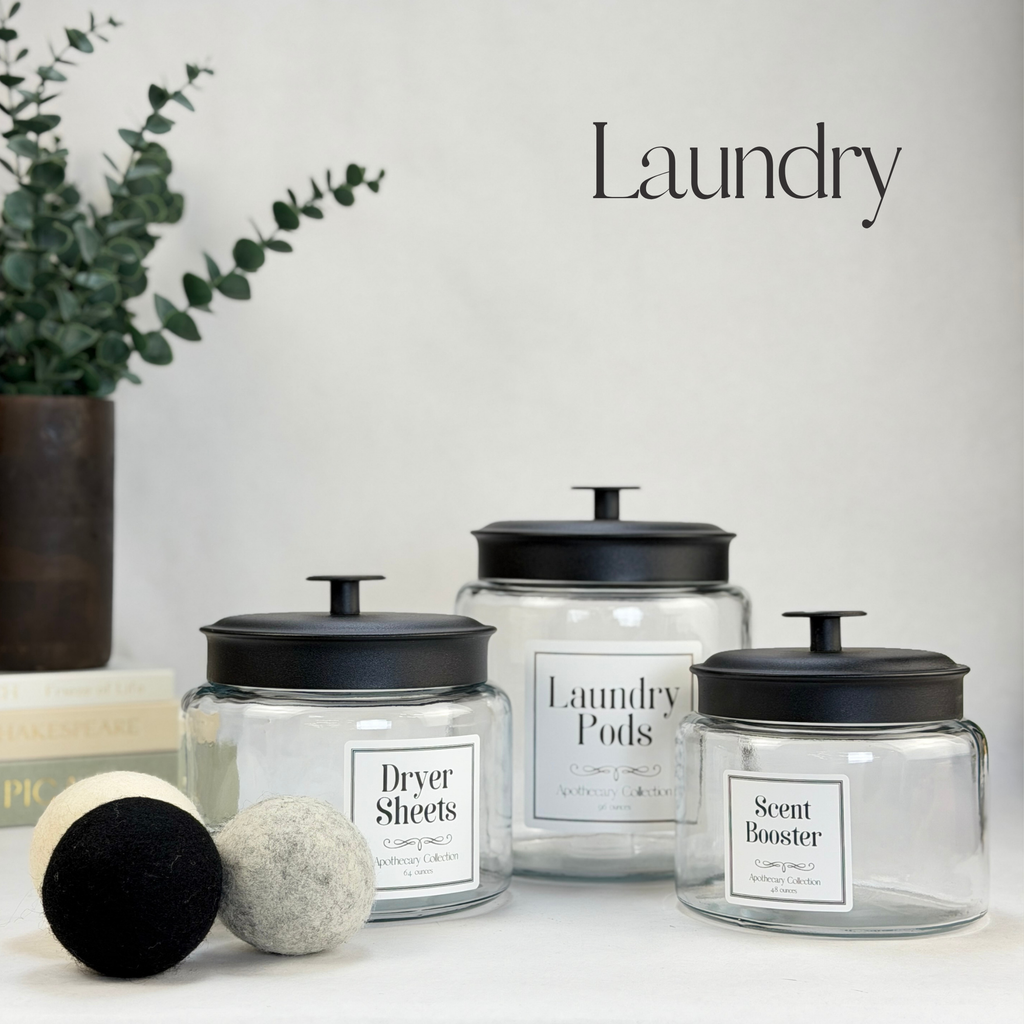 Montana Glass Storage Jar with Black Metal Lid - Custom Label showing styled laundry room view