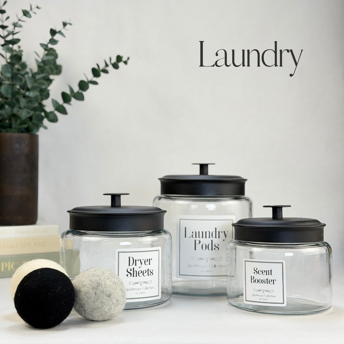 Montana Glass Storage Jar with Black Metal Lid - Custom Label showing styled laundry room view