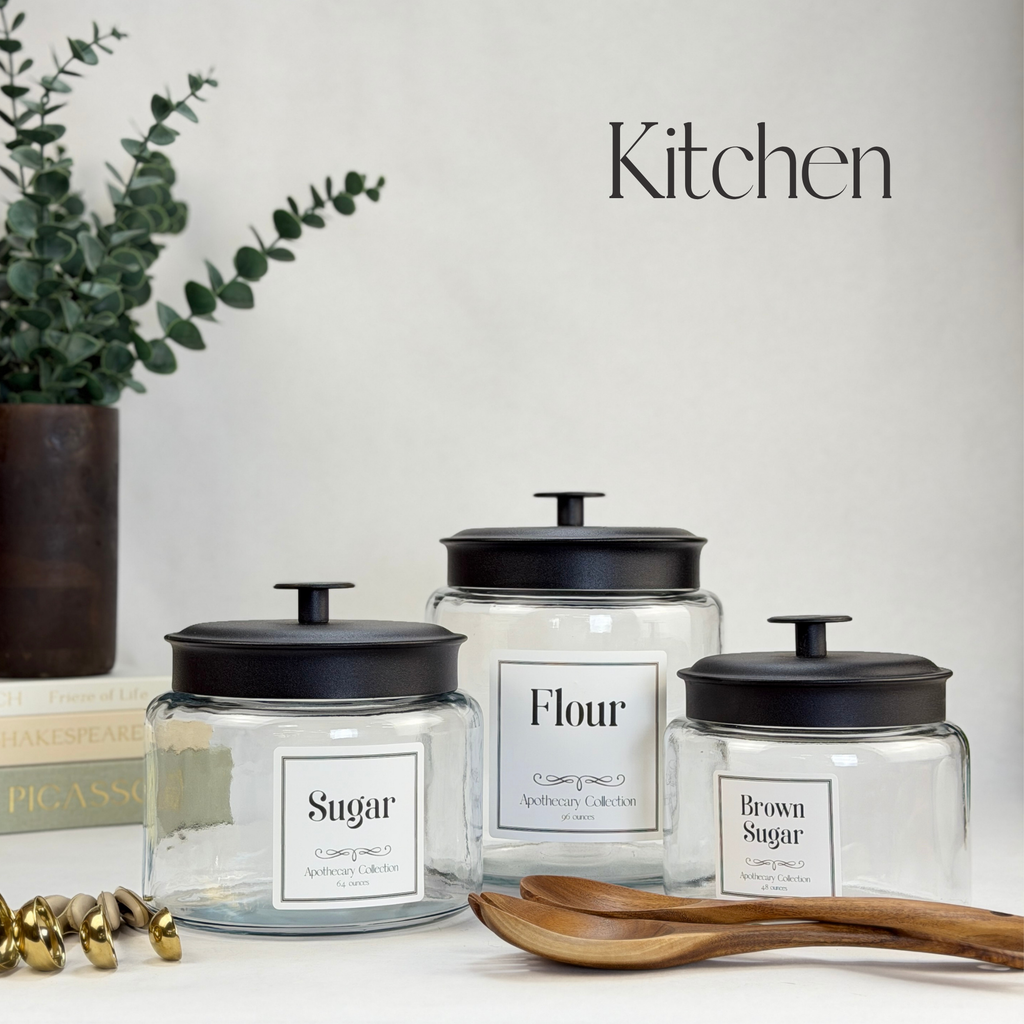 Montana Glass Storage Jar with Black Metal Lid - Custom Label showing styled kitchen view