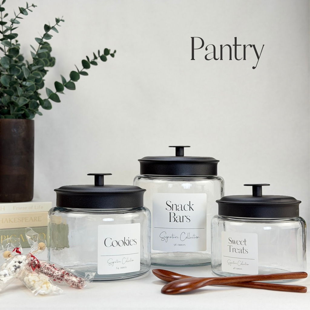 Montana Glass Storage Jar with Black Metal Lid - Custom Label showing styled pantry view