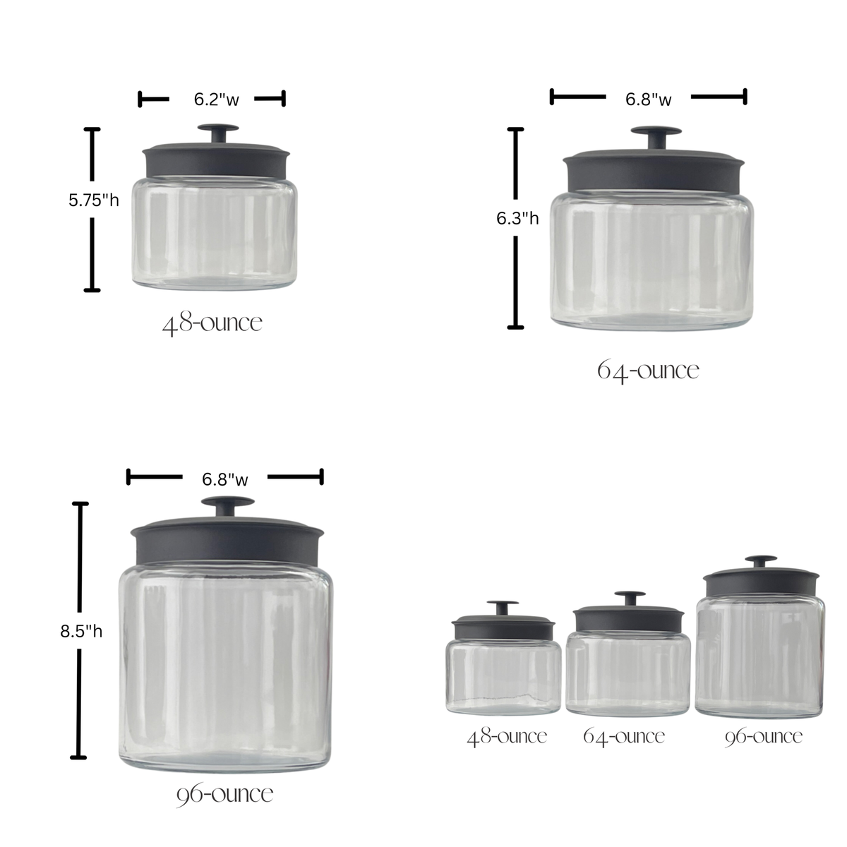 Montana Glass Storage Jar with Black Metal Lid - Custom Label showing product measurements