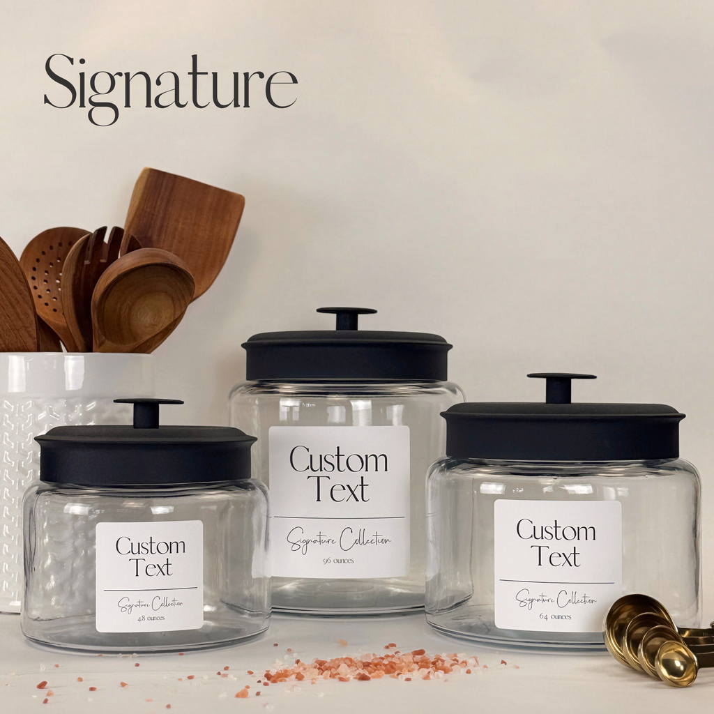 Montana Glass Storage Jar with Black Metal Lid - Custom Label showing black lid detail
