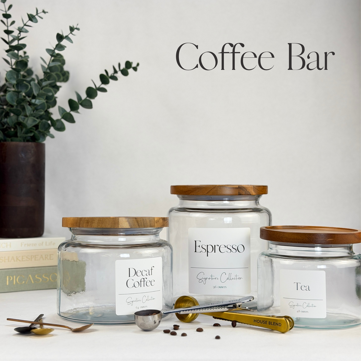 Montana Glass Storage Jar with Wood Lid - Custom Label showing styled coffee bar view