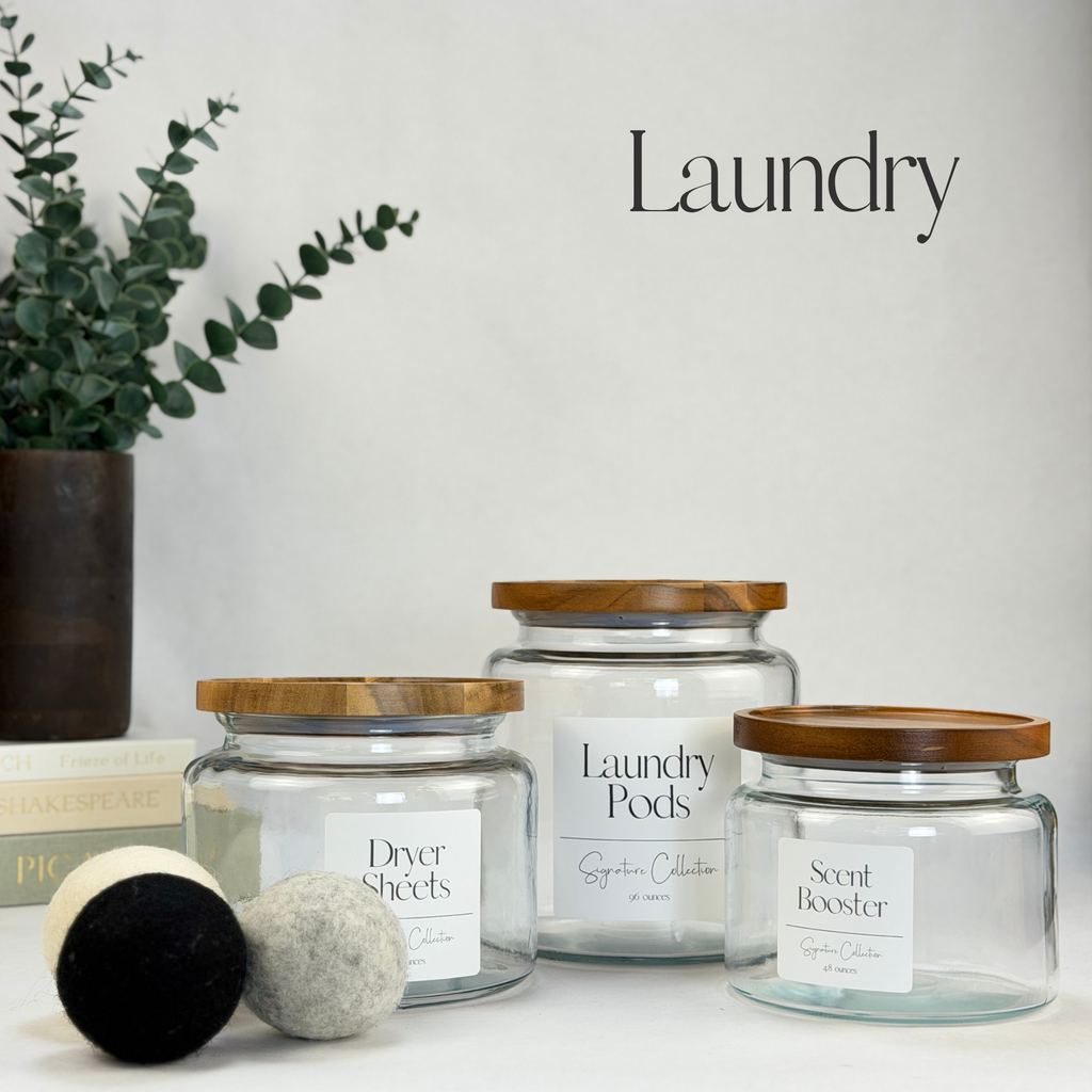 Montana Glass Storage Jar with Wood Lid - Custom Label showing styled laundry room view