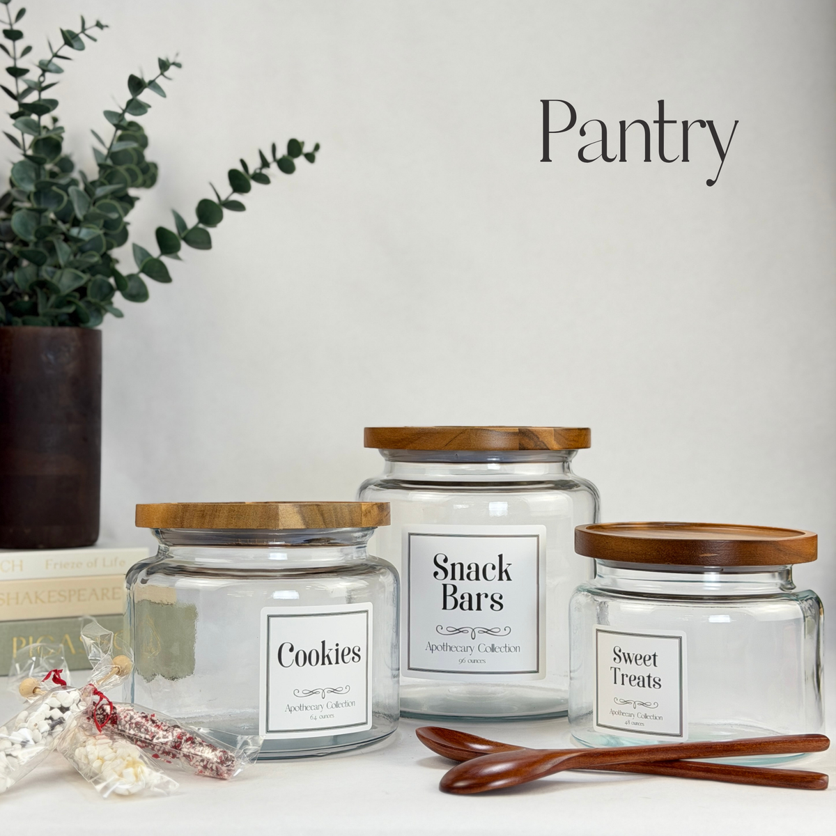 Montana Glass Storage Jar with Wood Lid - Custom Label showing styled pantry view