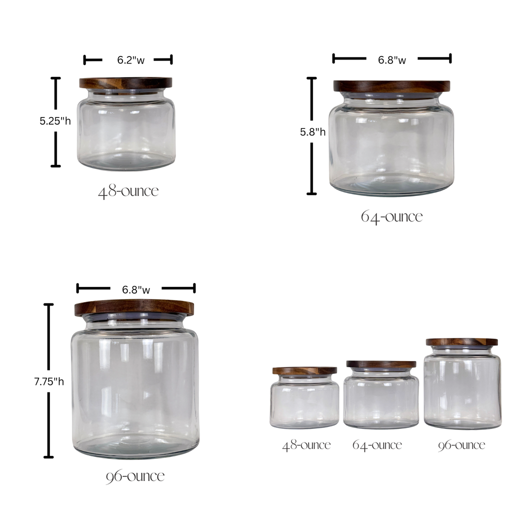 Montana Glass Storage Jar with Wood Lid - Custom Label showing product measurements