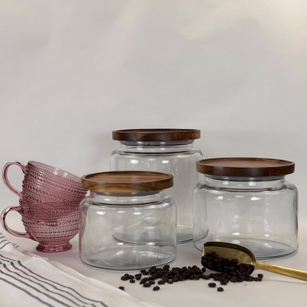 Montana Glass Storage Jar with Wood Lid - Custom Label showing coordinated product set