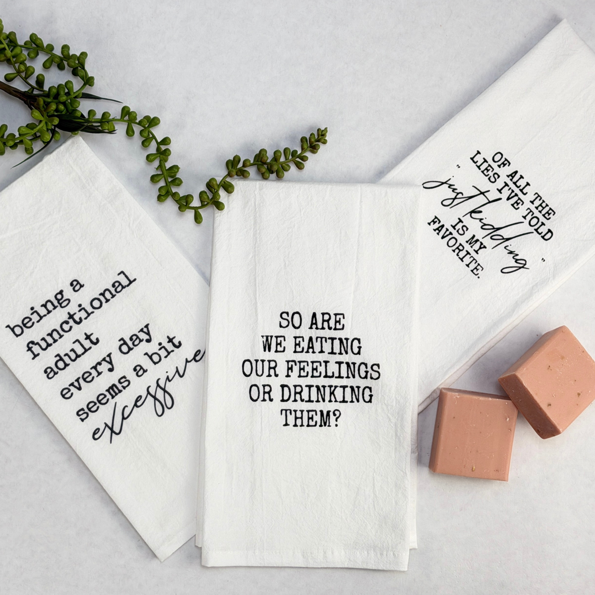 Barely Adulting Tea Towel Set showing coordinated product set