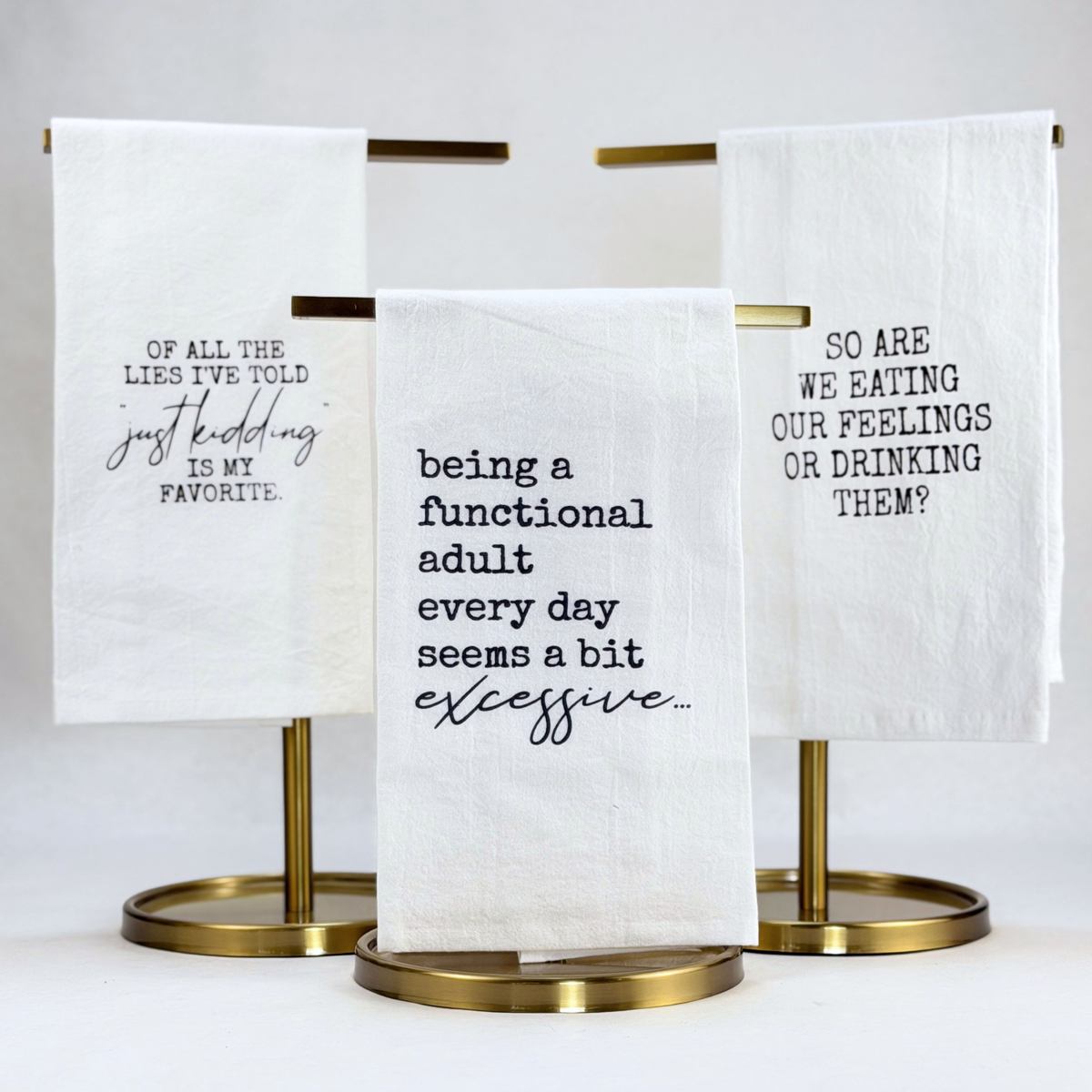 Barely Adulting Tea Towel Set showing coordinated product set