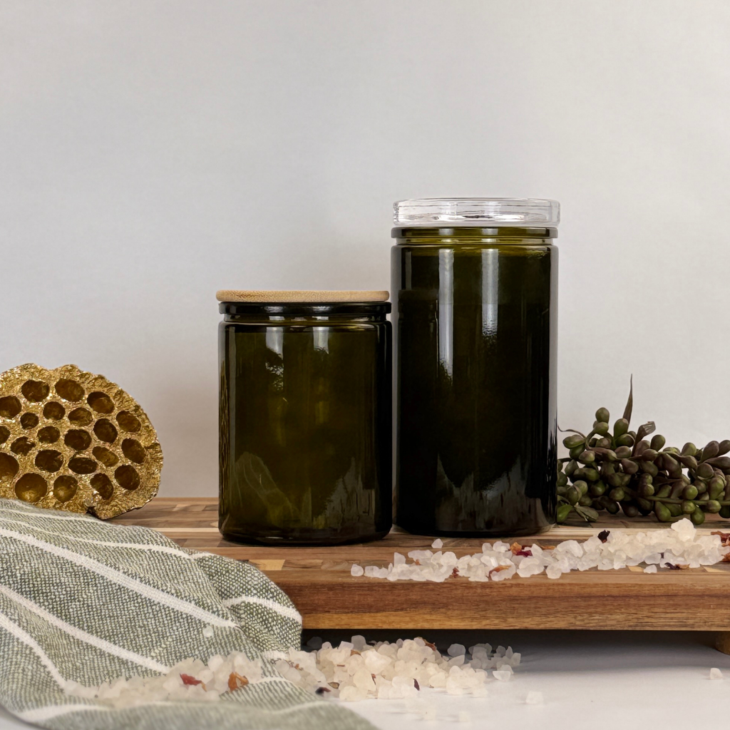 Vintage Green Calypso Glass Storage Jars - Custom Label showing ceramic tag detail