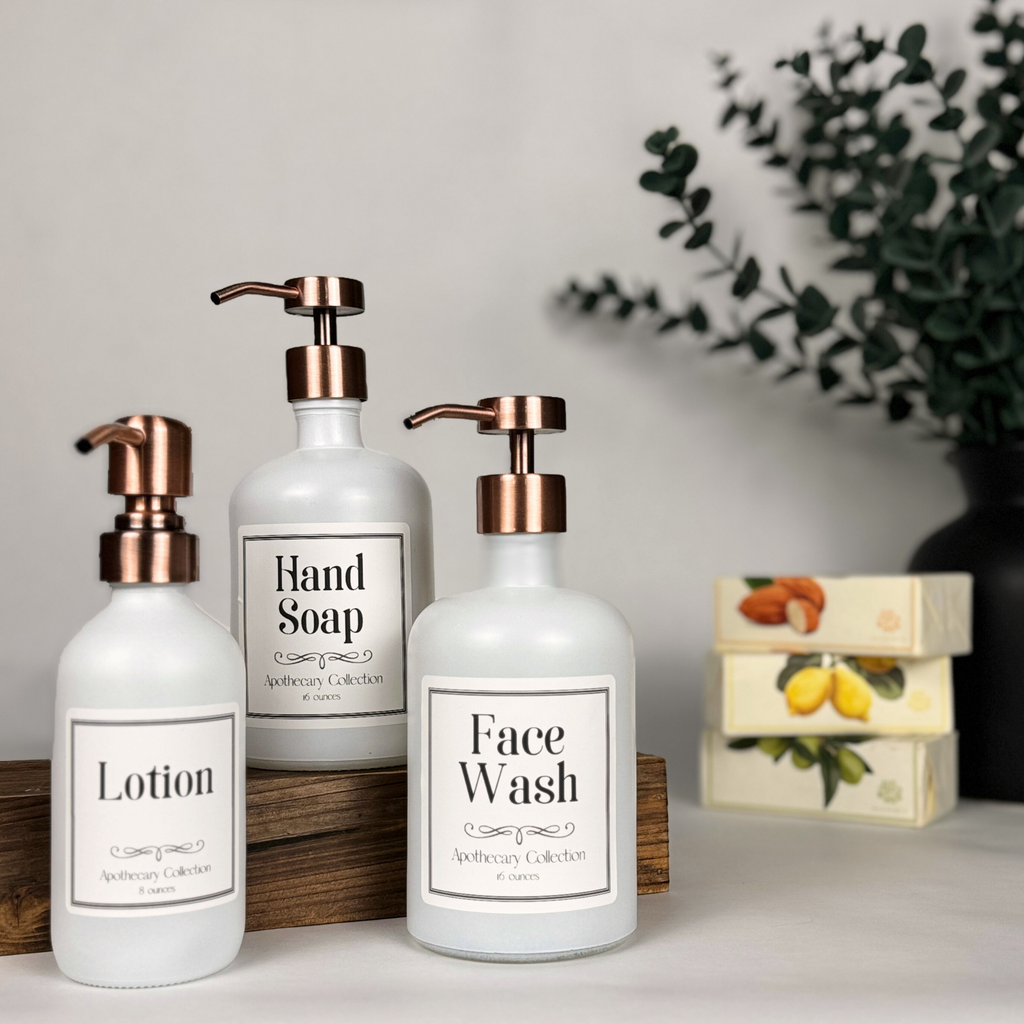 White Matte Glass Dispenser - Apothecary Collection Custom Label product detail