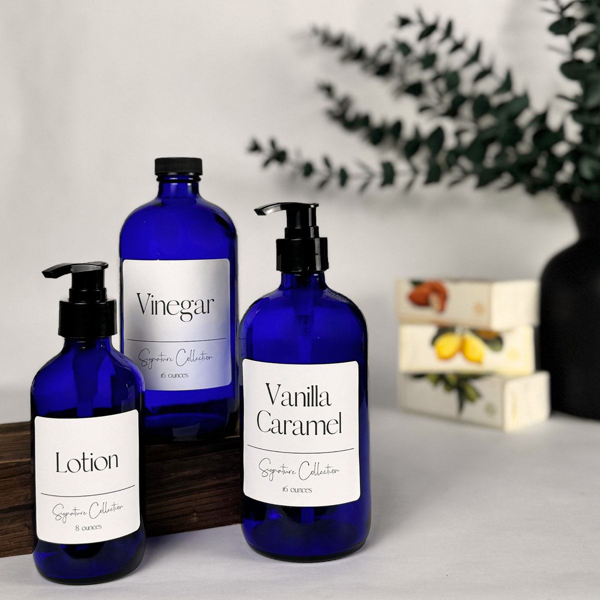 Cobalt Blue Glass Dispenser - Signature Collection Custom Label product detail