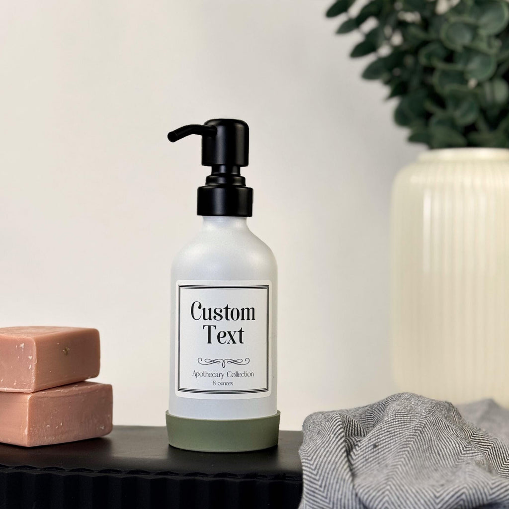 White Matte Glass Dispenser with Silicone Sleeve - Apothecary Collection Custom Label product detail