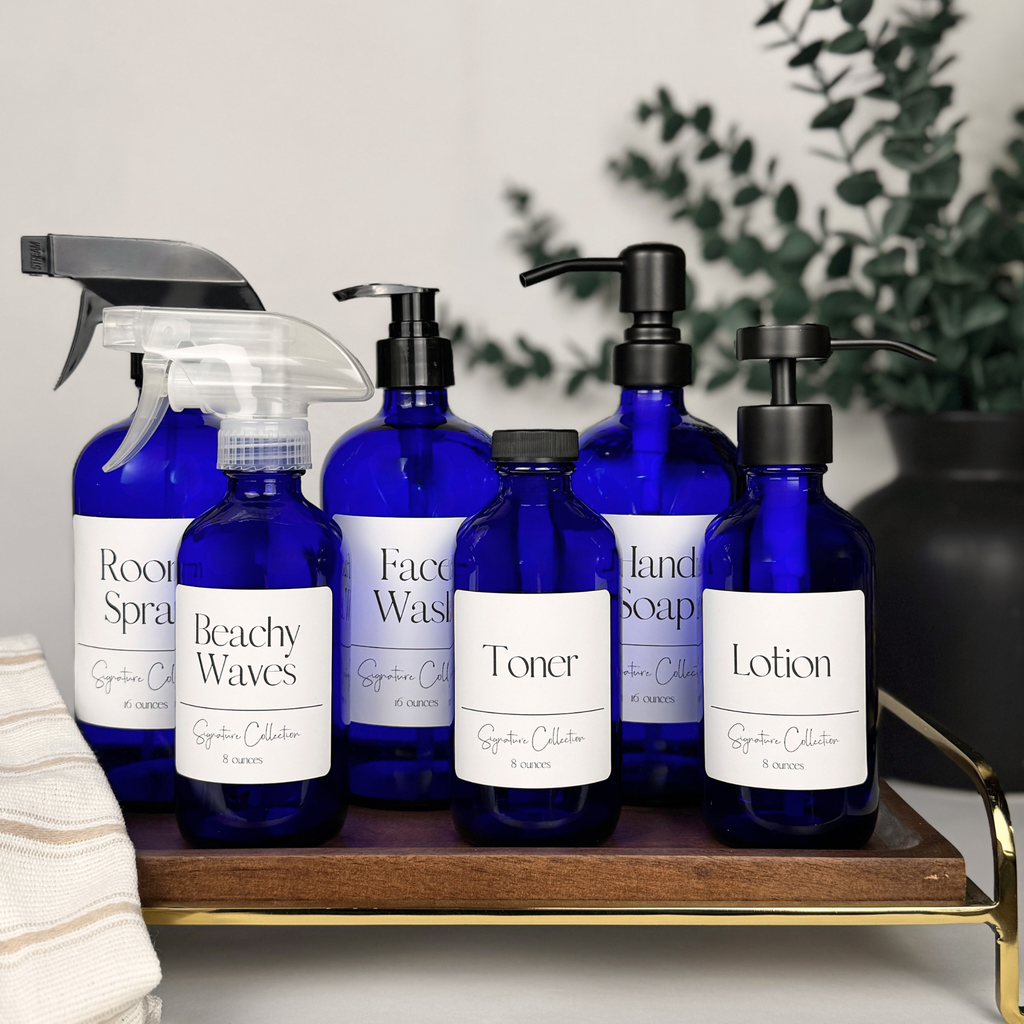 Cobalt Blue Glass Dispenser - Signature Collection Custom Label product detail