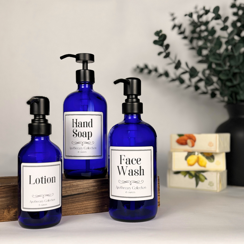 Cobalt Blue Glass Dispenser - Apothecary Collection Custom Label product detail